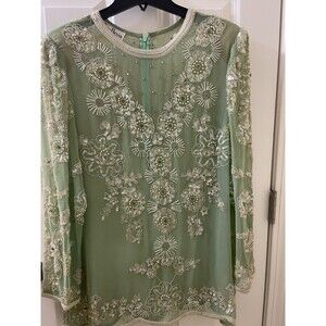 Jack Bryan vintage 80s long sleeve beaded GREEN sheer tunic blouse 18